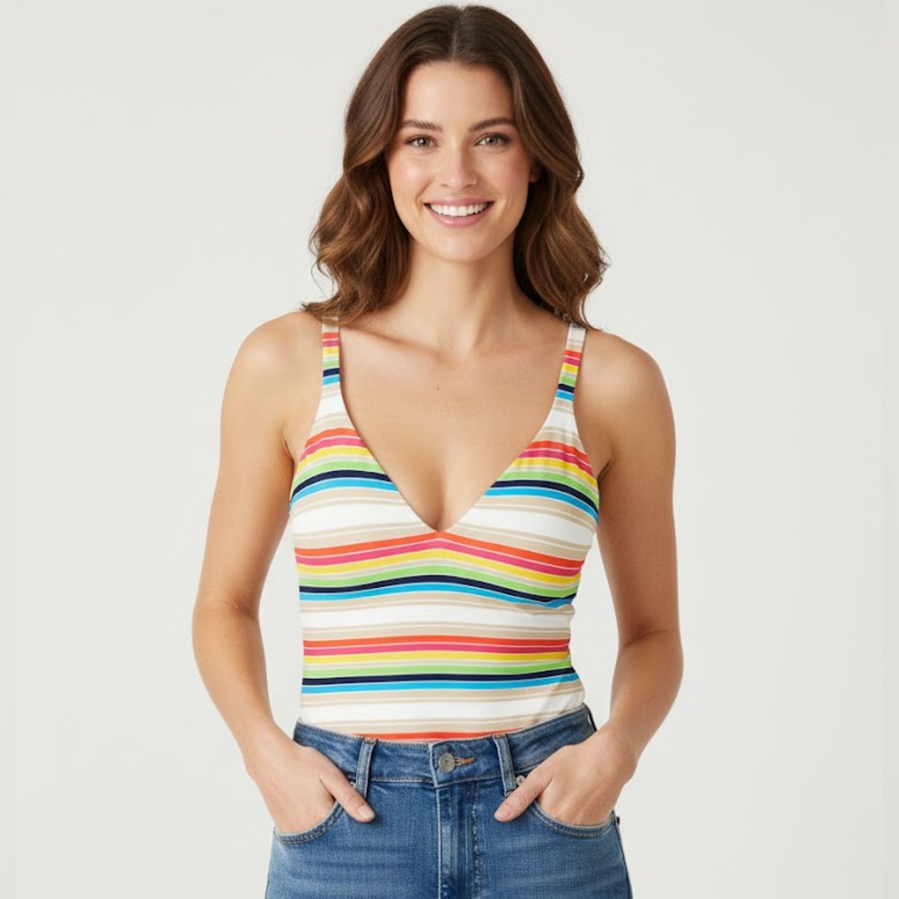 Y2K BODY BY VICTORIA IPEX BUILT IN BRA PLUNGE TOP TANK CANDY STRIPES STRIPED 36C